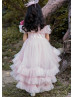 Light Pink Tulle Pearls Beaded High Low Flower Girl Dress
